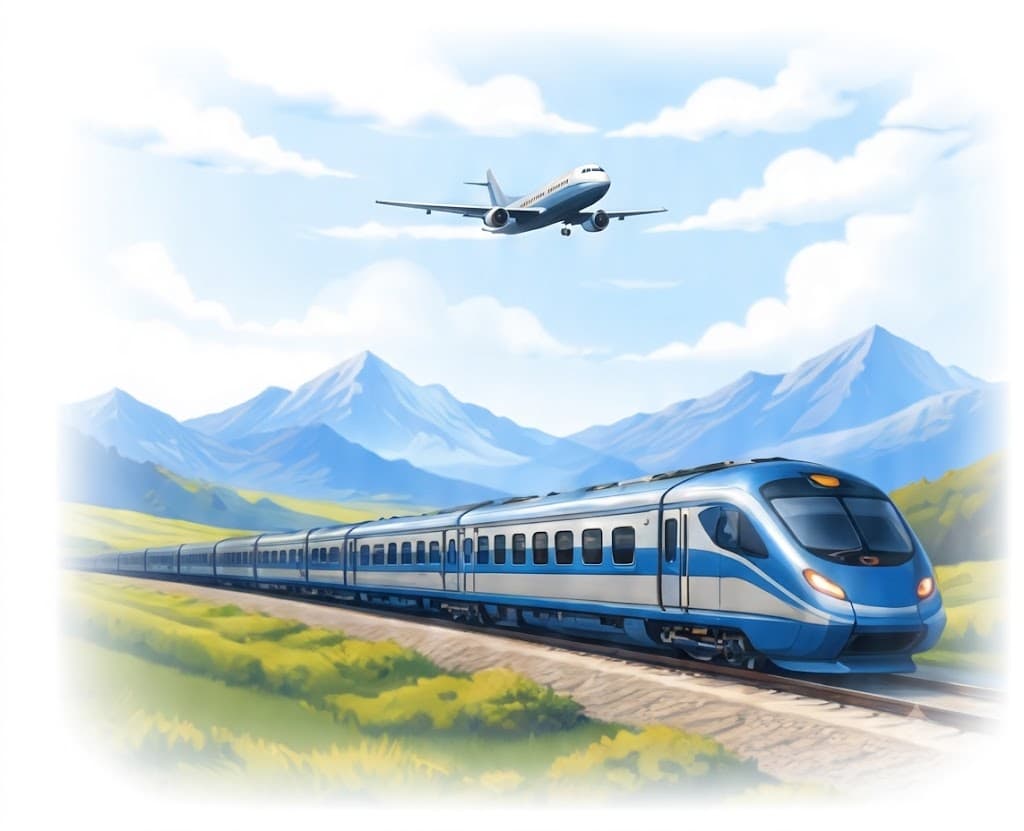 Airplane and train travelling through the mountains